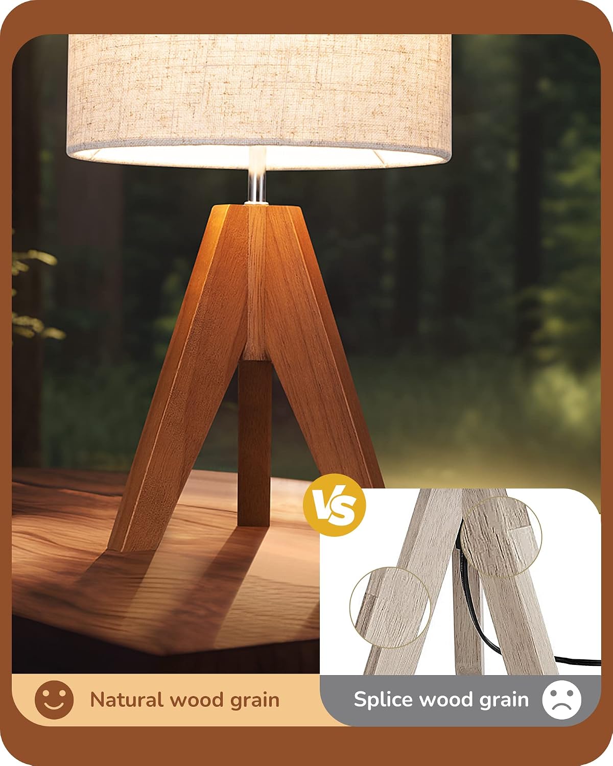 EDISHINE Small Table Lamp, Wooden Tripod Nightstand Lamp, 14.2", 2 Pack