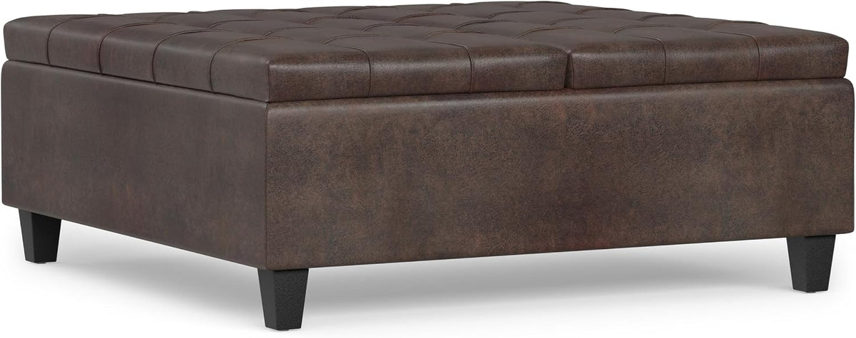 SIMPLIHOME Harrison 40" Wide Vegan Leather Ottoman in Distressed Brown
