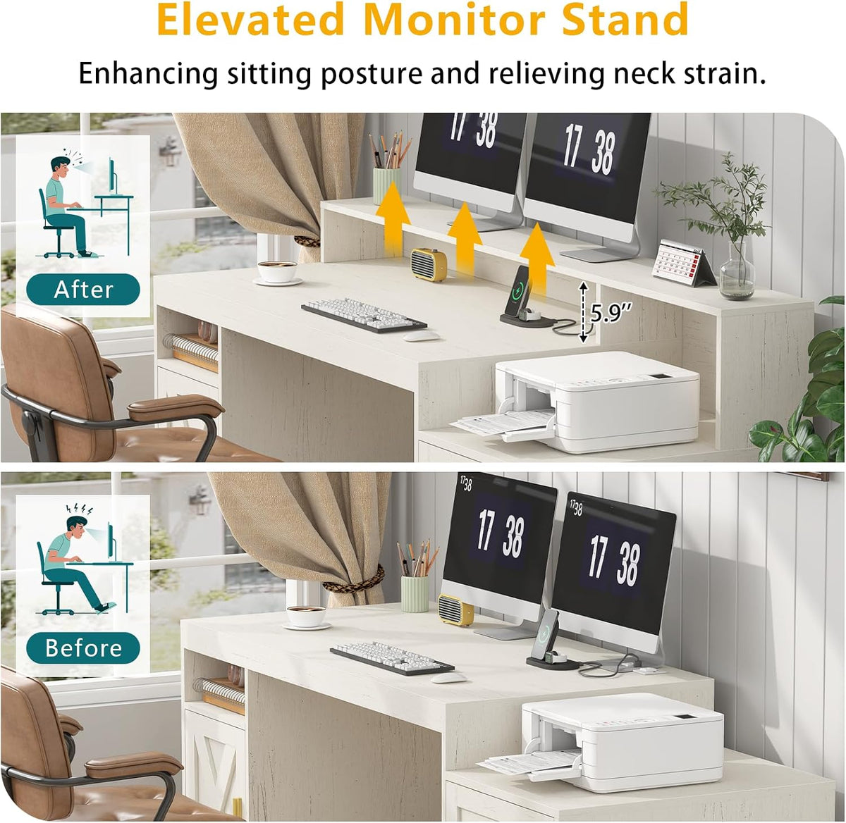 TVU 65" White Computer Desk with Drawers and Printer Stand for Home Office