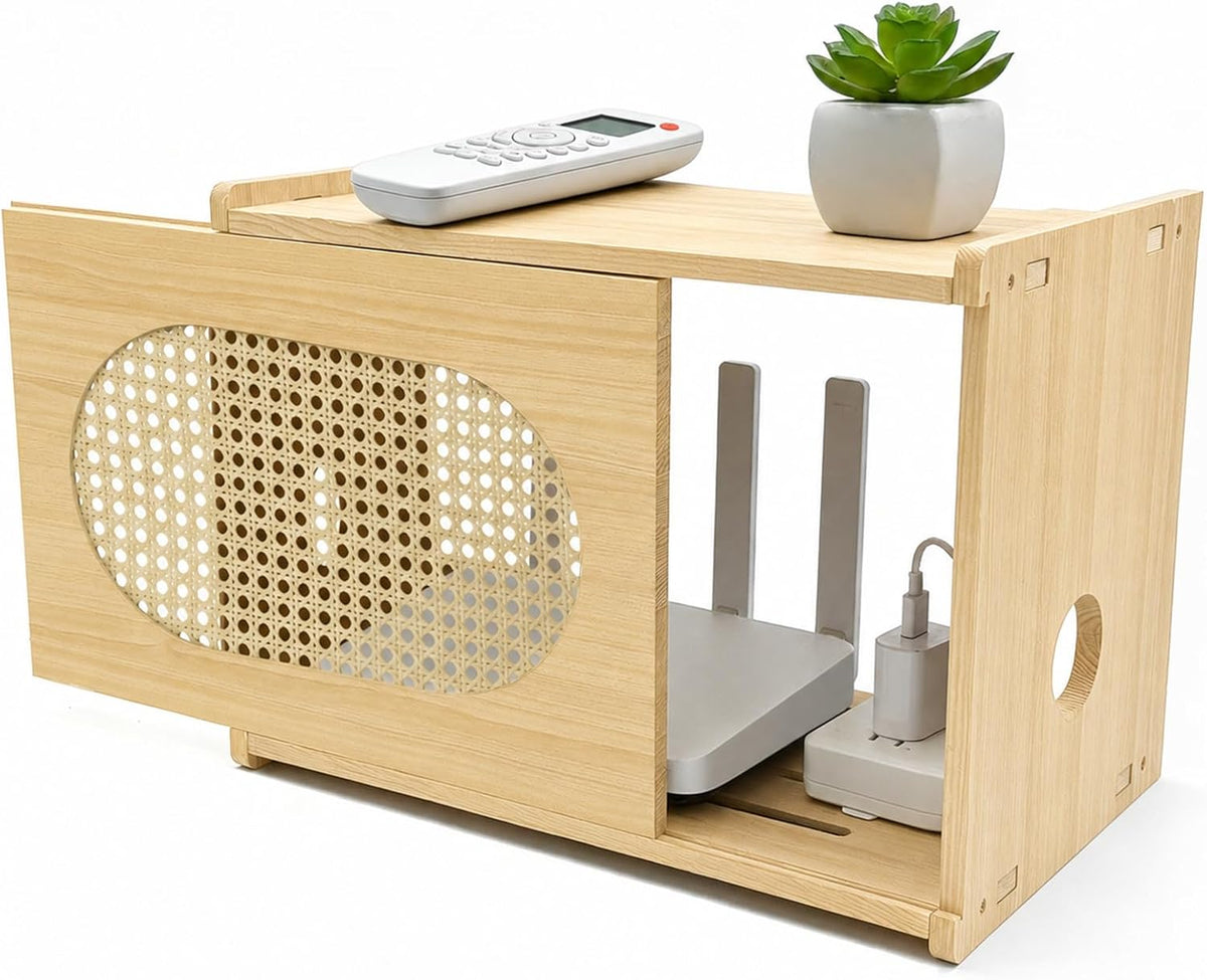 Natural Wood Router Box Hider with Rattan Doors, Tabletop Cable Management Ca...