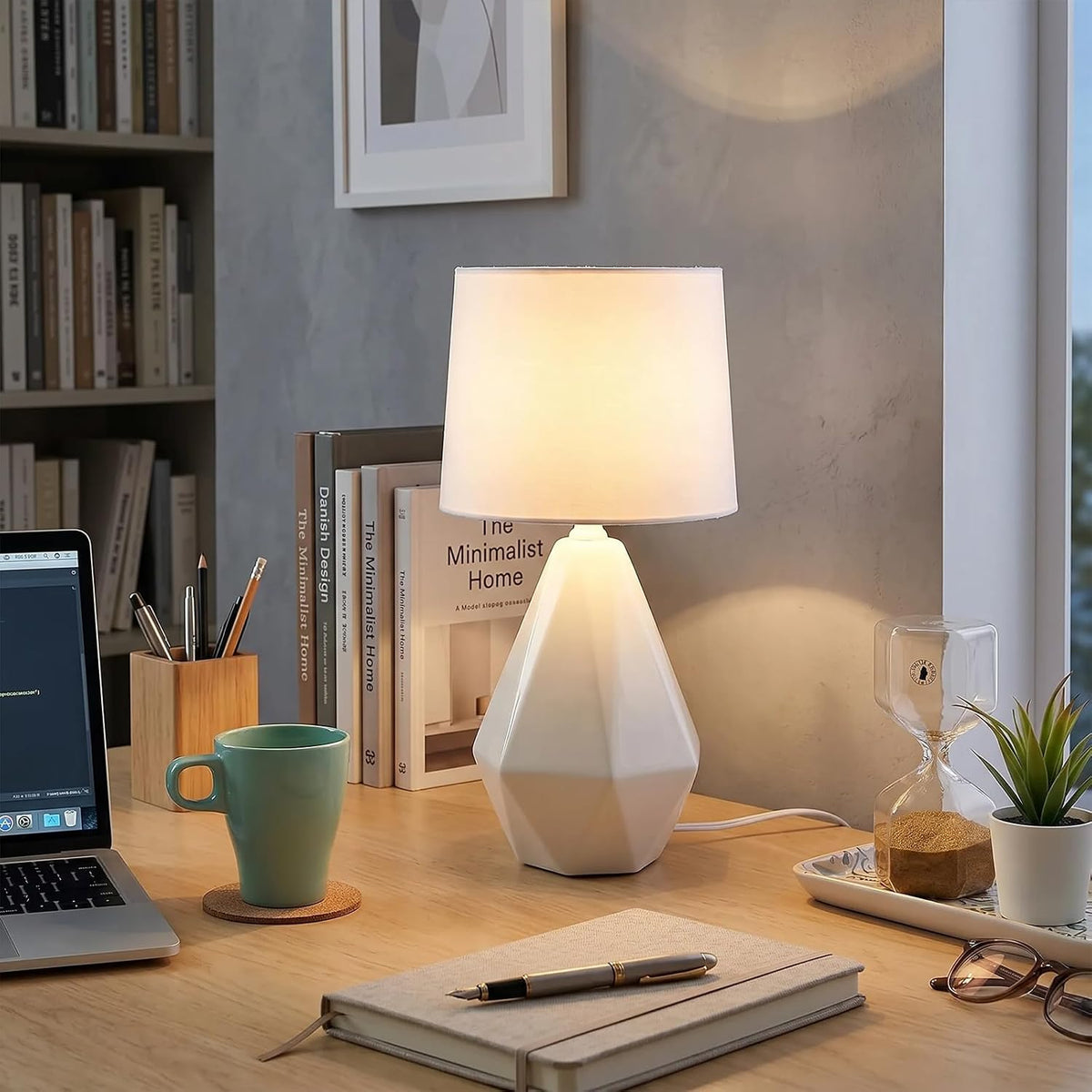 SOTTAE 15" Modern Small Ceramic Table Lamp, White Irregular Geometric Be...