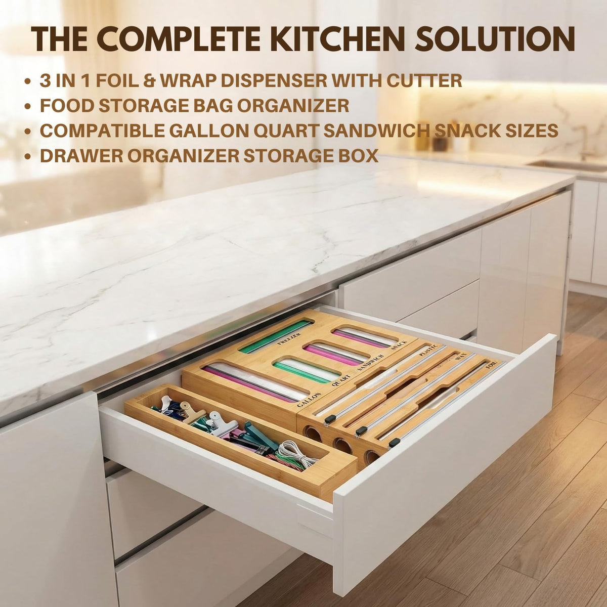 9 in 1 Bamboo Kitchen Drawer Organizer for Storage Bags, Foil & Plastic W...