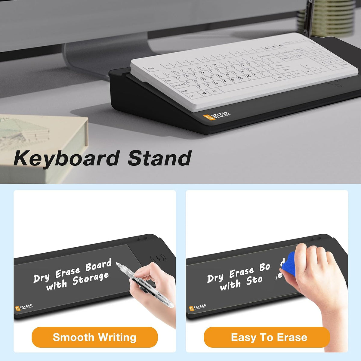 SELEAD Desktop Glass Whiteboard with Wireless Charger and Storage, Black