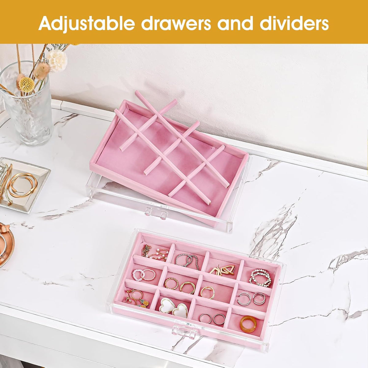 ProCase Earring Holder Organizer Jewelry Box with 3 Drawers, Pink