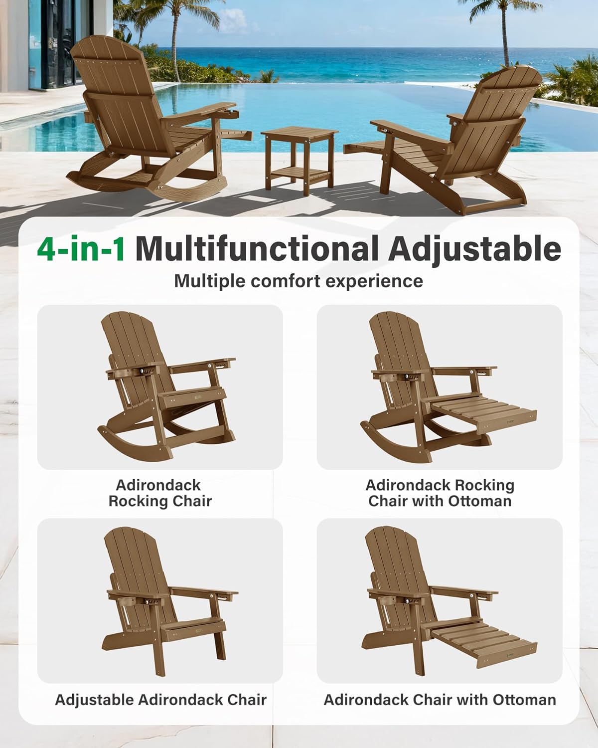 YEFU Adirondack Rocking Chairs Set of 2, with Footrest, 5-Level Adjustable
