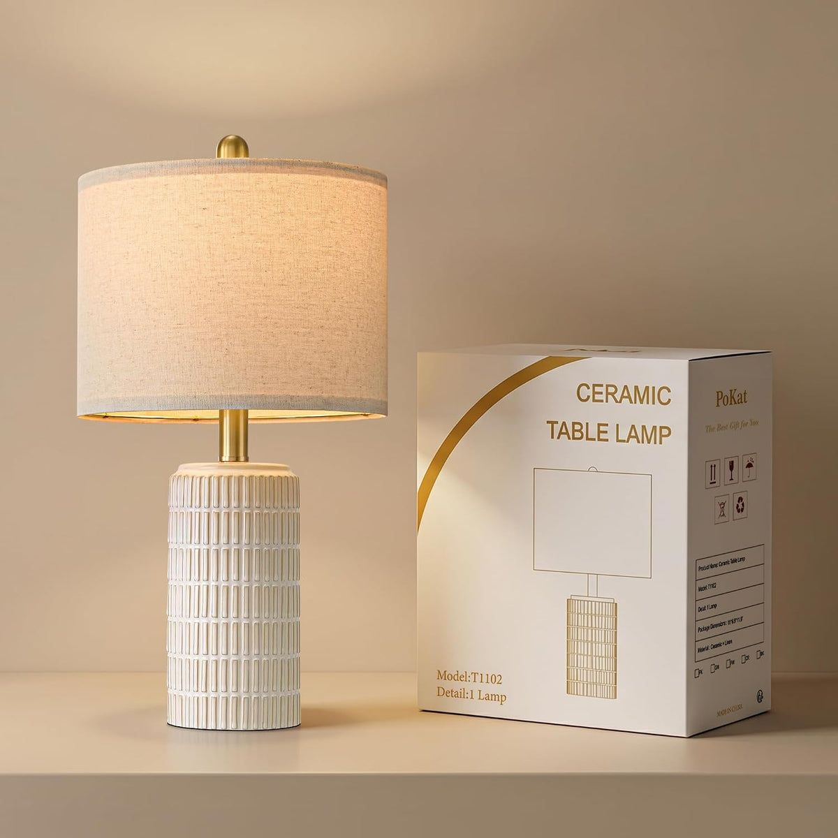 PoKat 21'' Modern Ceramic Table Lamp with Gift Box, White for Bedroom...