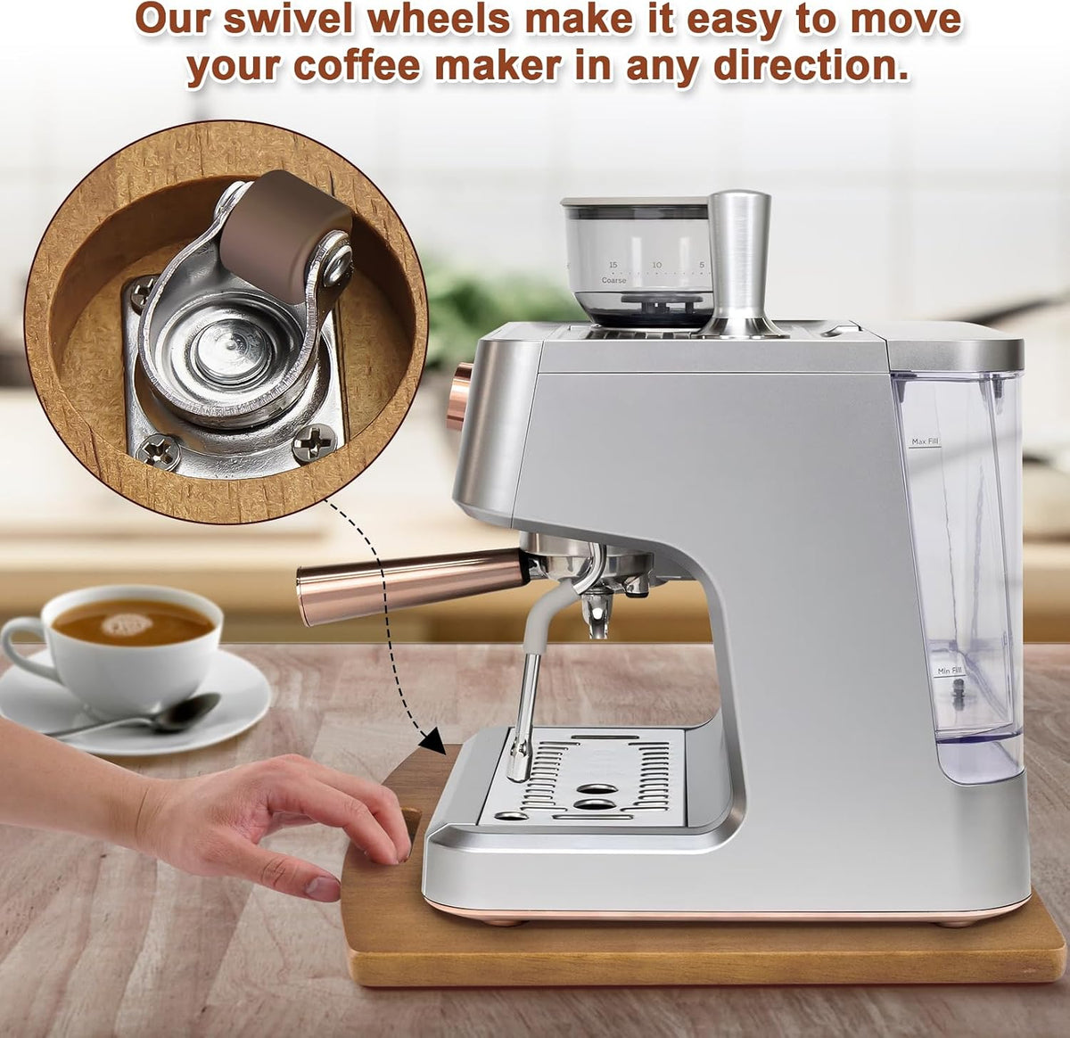 Sliding Tray for Coffee Maker - Solid Wooden Appliance Slider with 360° Smoot...