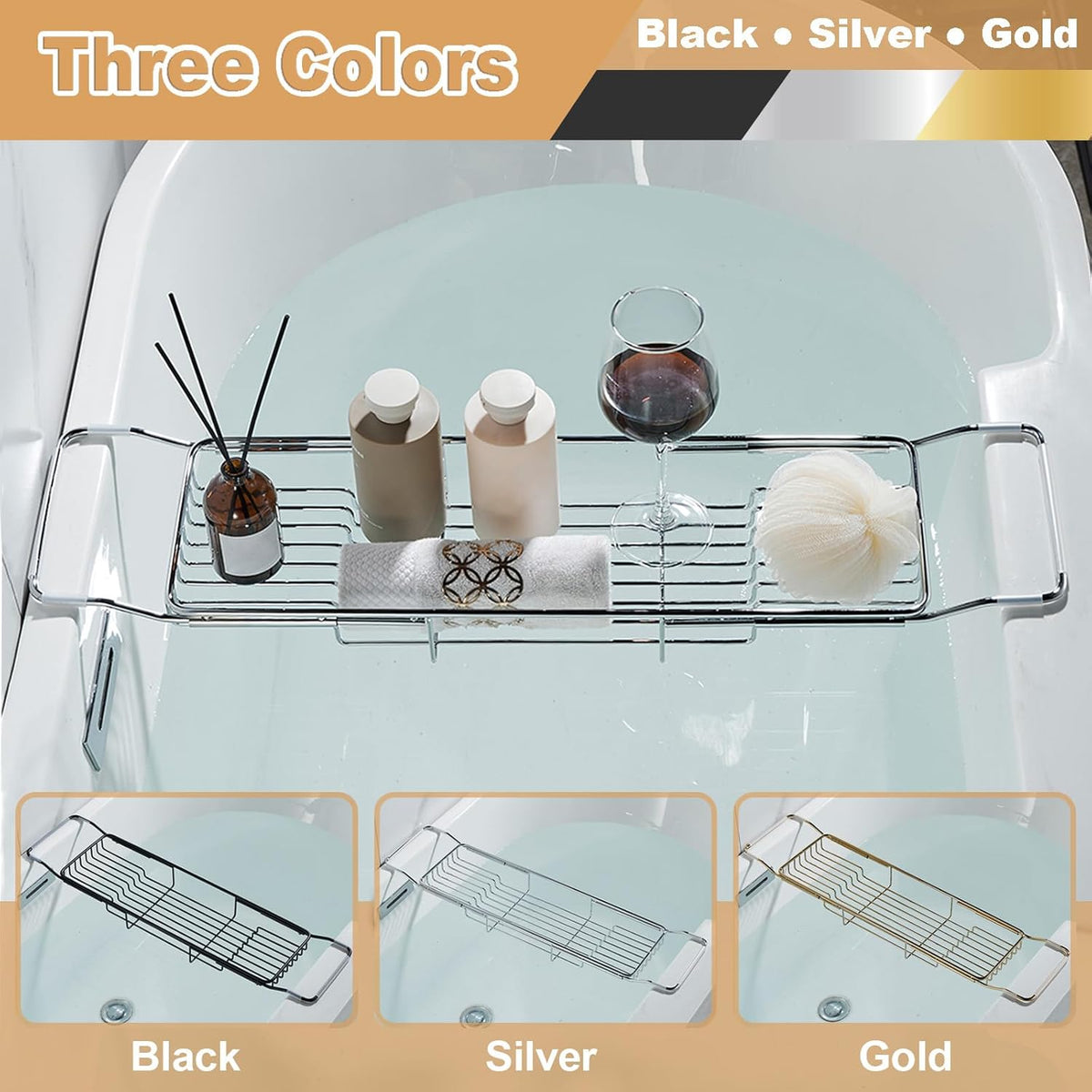 Stainless Steel Bathtub Caddy Tray, Expandable Bath Tub Tray Table, Adjustabl...