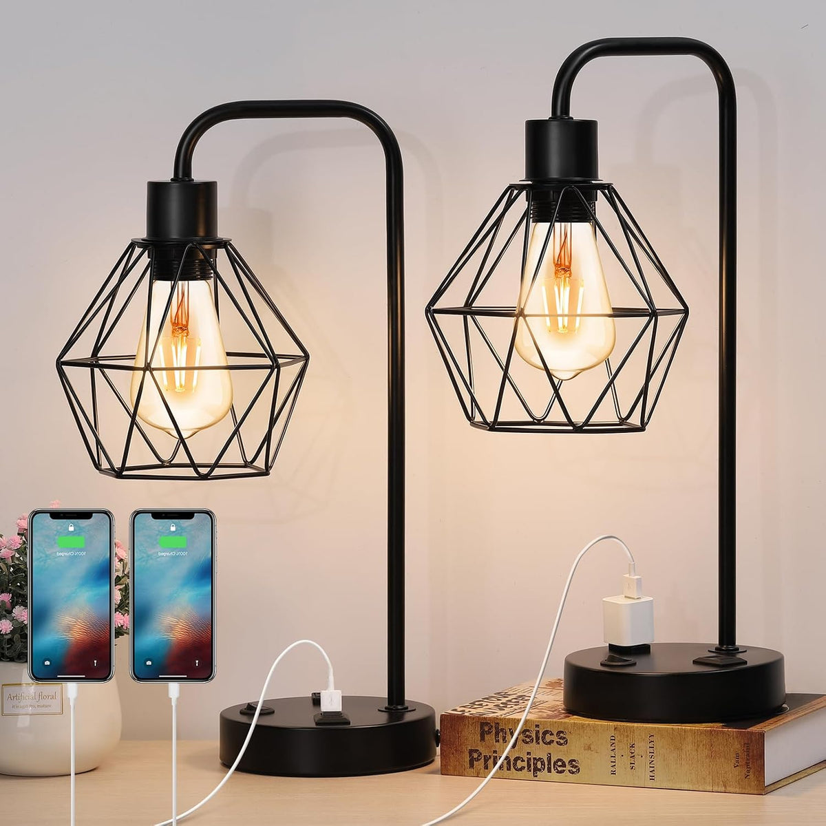 BTY Industrial Table Lamps Set of 2 Vintage Desk Lamp Metal Cage Nightstand B...