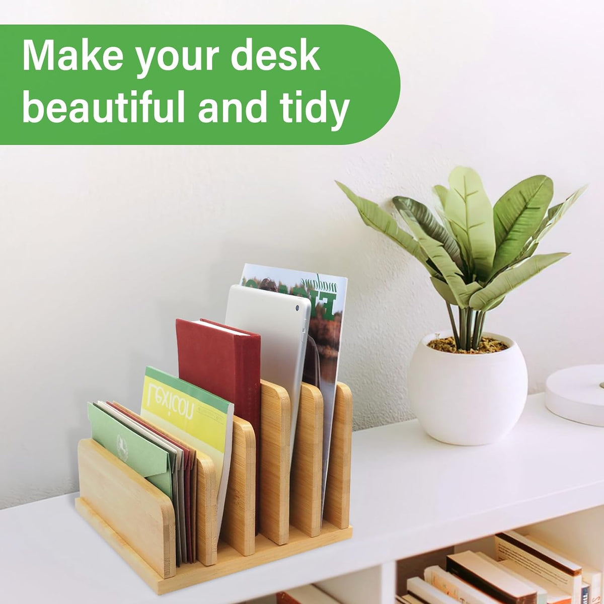 Desk File Mail Organizer Countertop, 5 Slots Bamboo Folder Sorter Holder for ...