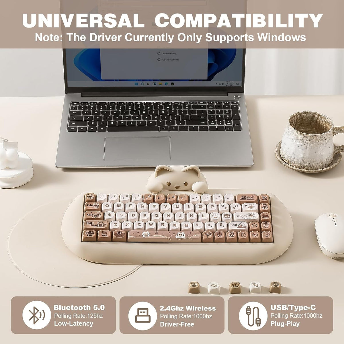 YUNZII C68 Silicone Cute Cat Mechanical Keyboard (Brown,Cocoa Cream Switch)