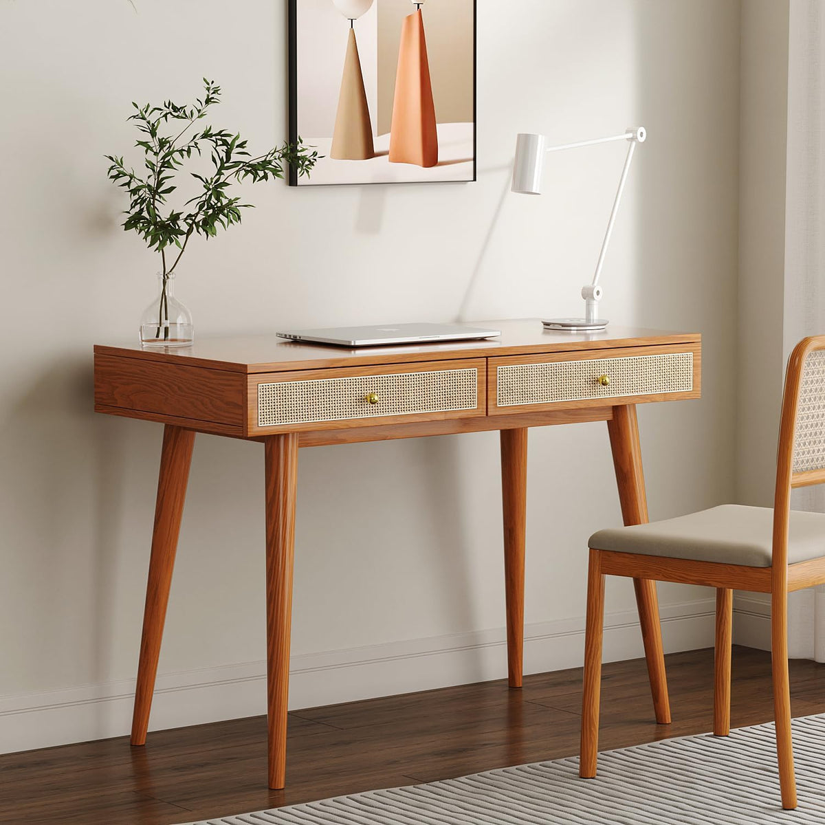 Mid-Century Modern Solid Wood Desk with Drawers – 45 inch Small Boho Rattan W...