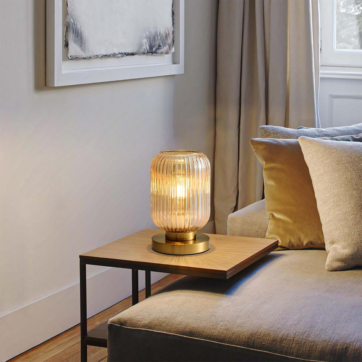 Amber Glass Table Lamp,Vintage Gold Base Ribbed Bedside Lamp
