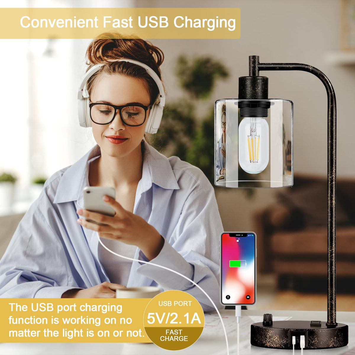 Set of 2 Industrial Table Lamps with USB Port, Rustic Black Fully Stepless Di...