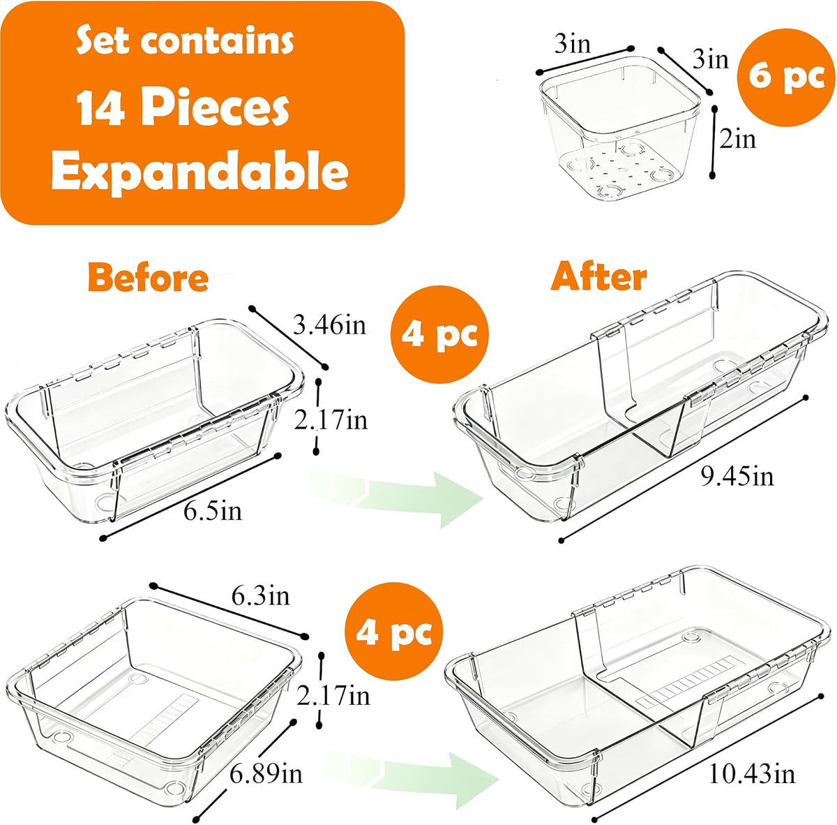 14Pcs Clear Expandable Drawer Organizer Bins for Vanity Desk Bathroom