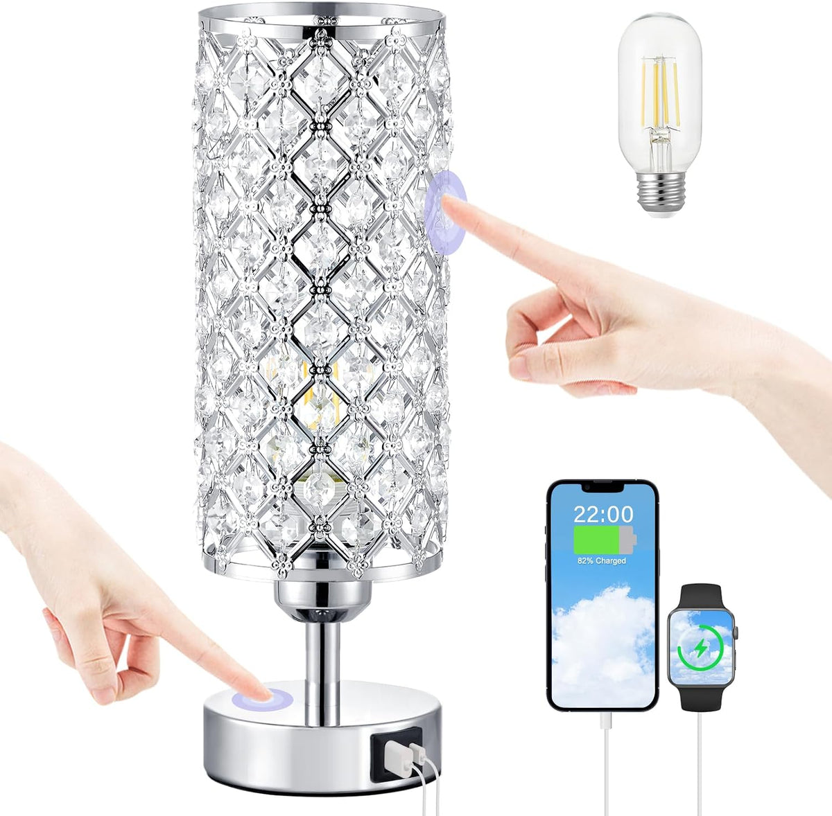 Sliver Crystal Table Lamp with Touch Control, Bedroom Light for Nightstand
