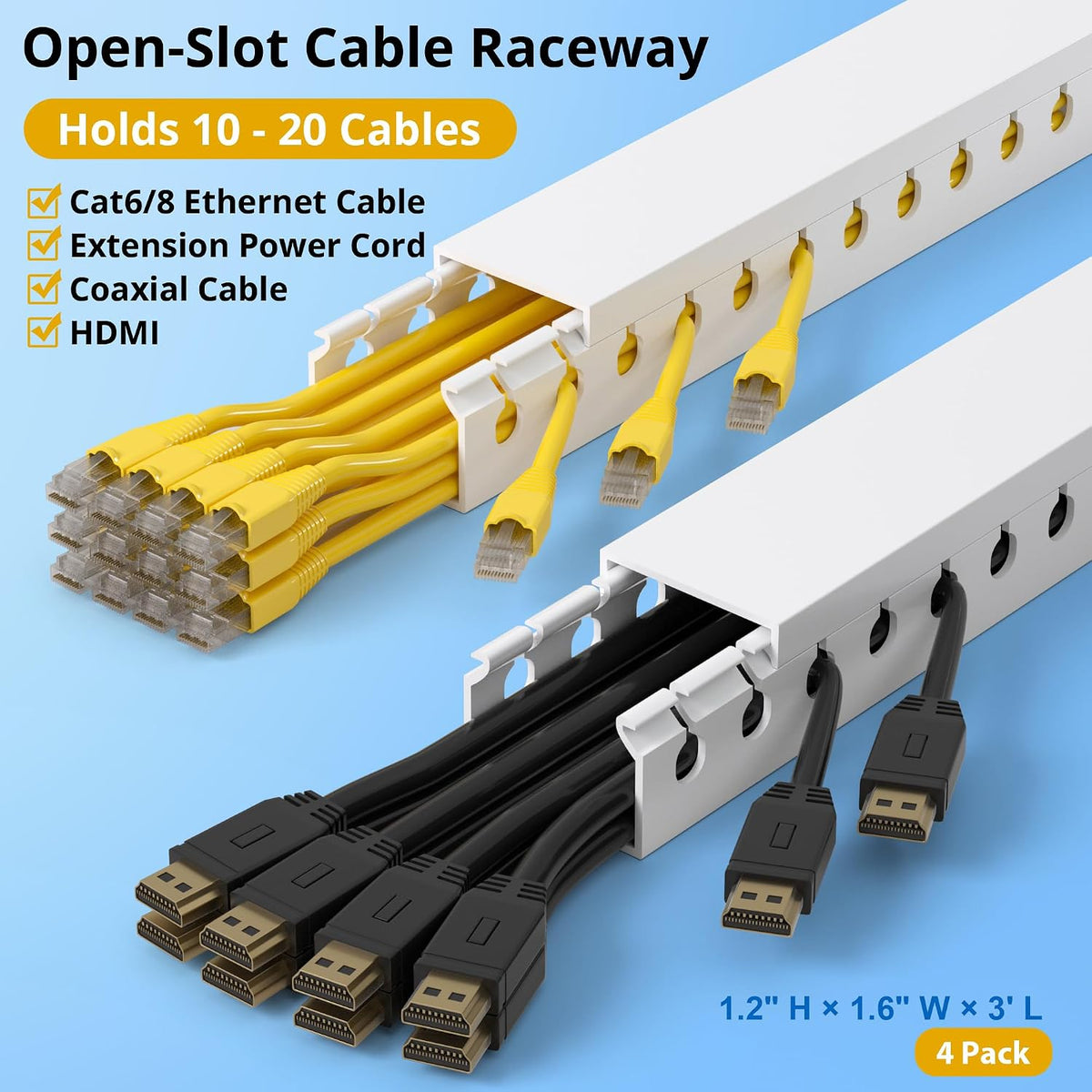 1.2"H x 1.6"W Cable Raceway, 12ft Under Desk Wire Management Channe...