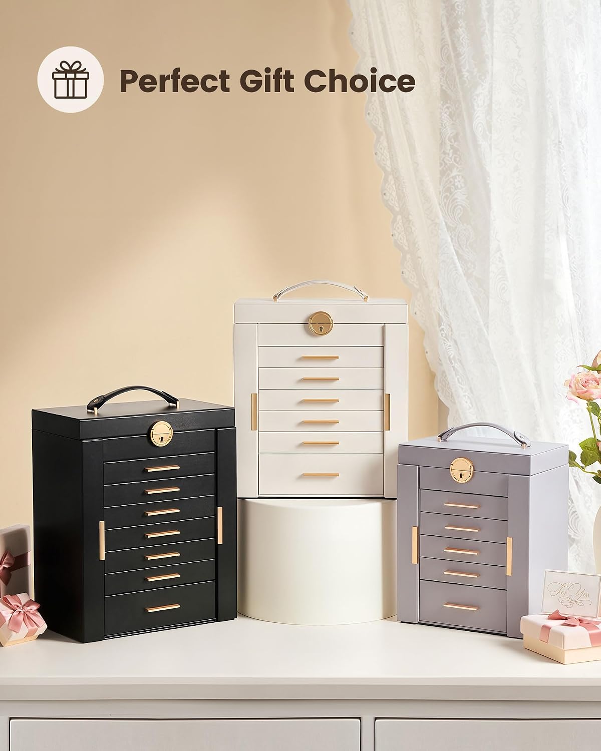 Lolalet Large Jewelry Box, 8-Layer Jewelry Organizer with 7 Drawers -Beige