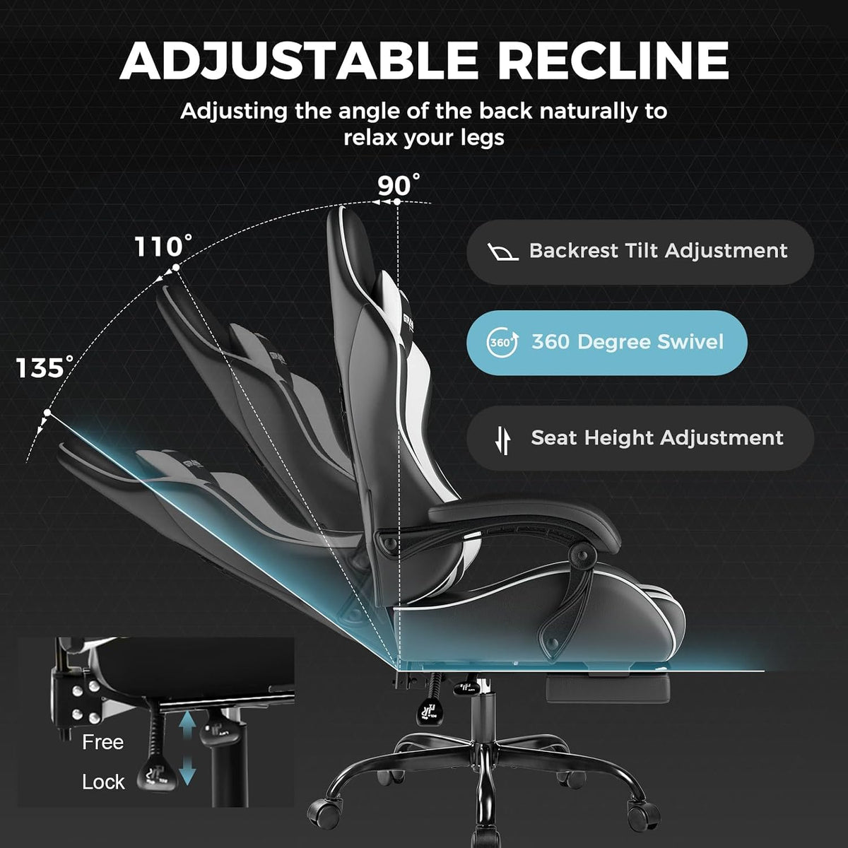 GTPLAYER Gaming Chair, Computer Chair with Footrest and Lumbar Support, Heigh...