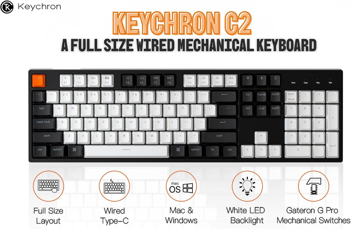 Keychron C2 Wired Full-Size Keyboard, Brown Switch, White Backlit