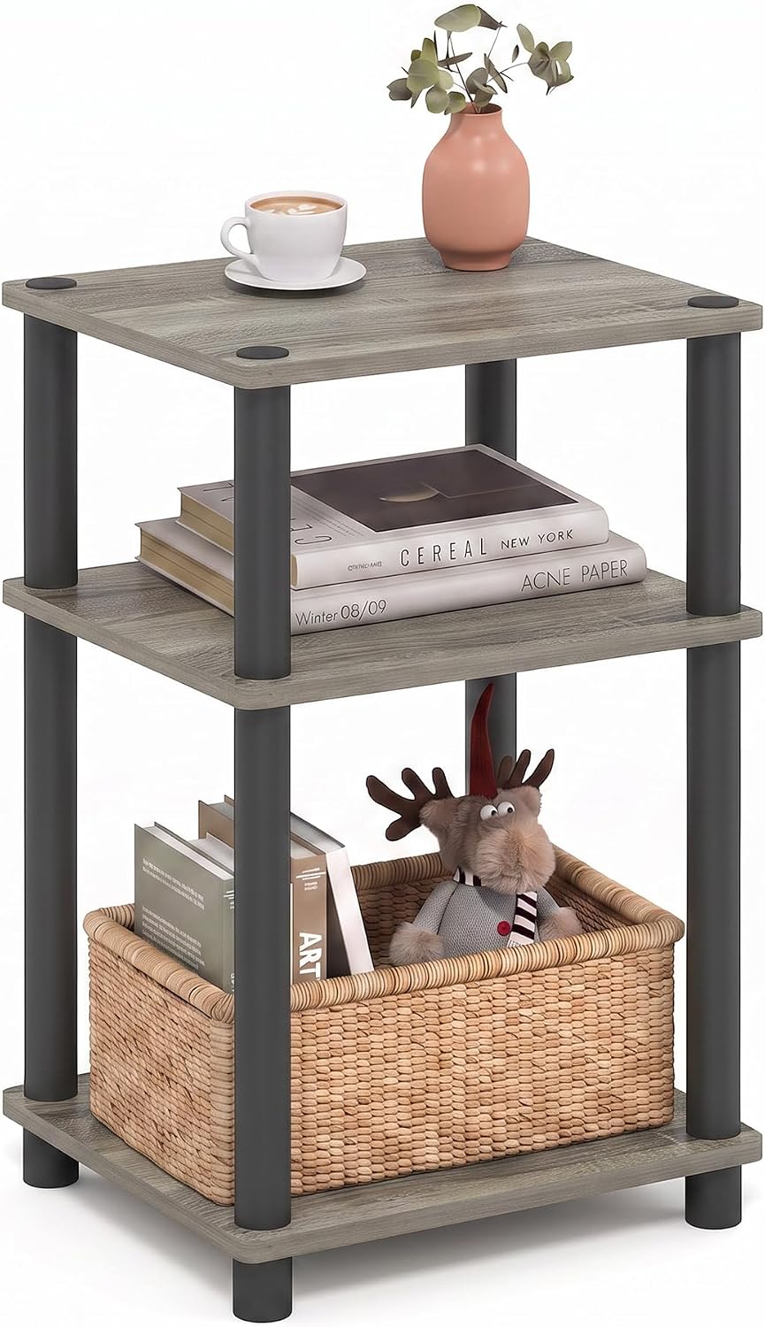 Furinno JUST Toolless 3-Tier Side Table, Open Shelf End Table, French Oak