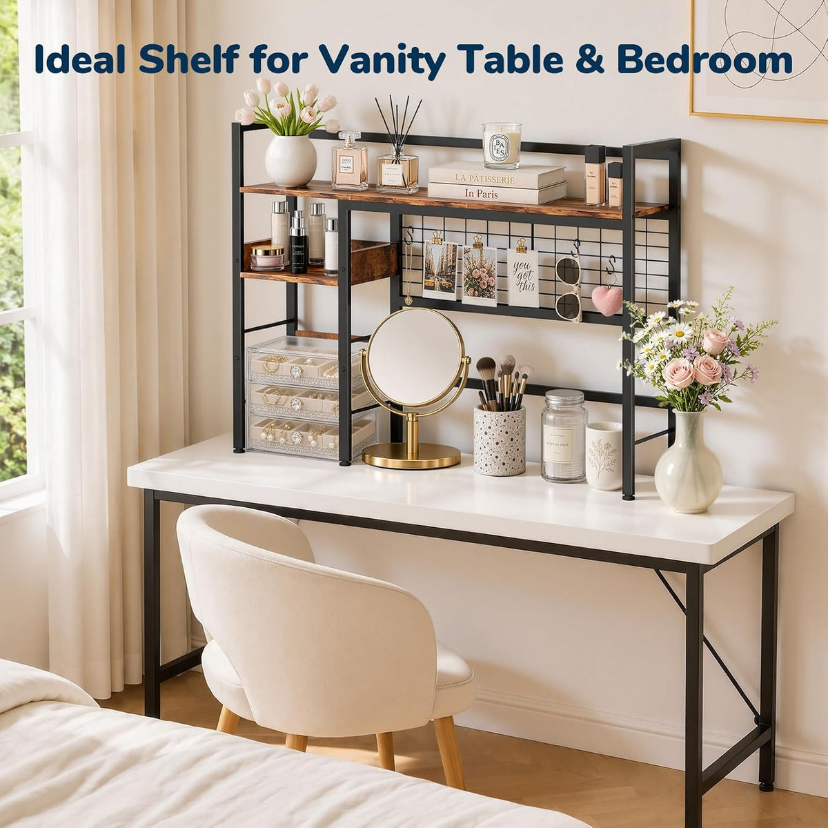Desk Shelf, 38.6" Desk Hutch with Pegboard Hooks Set, Rustic Brown