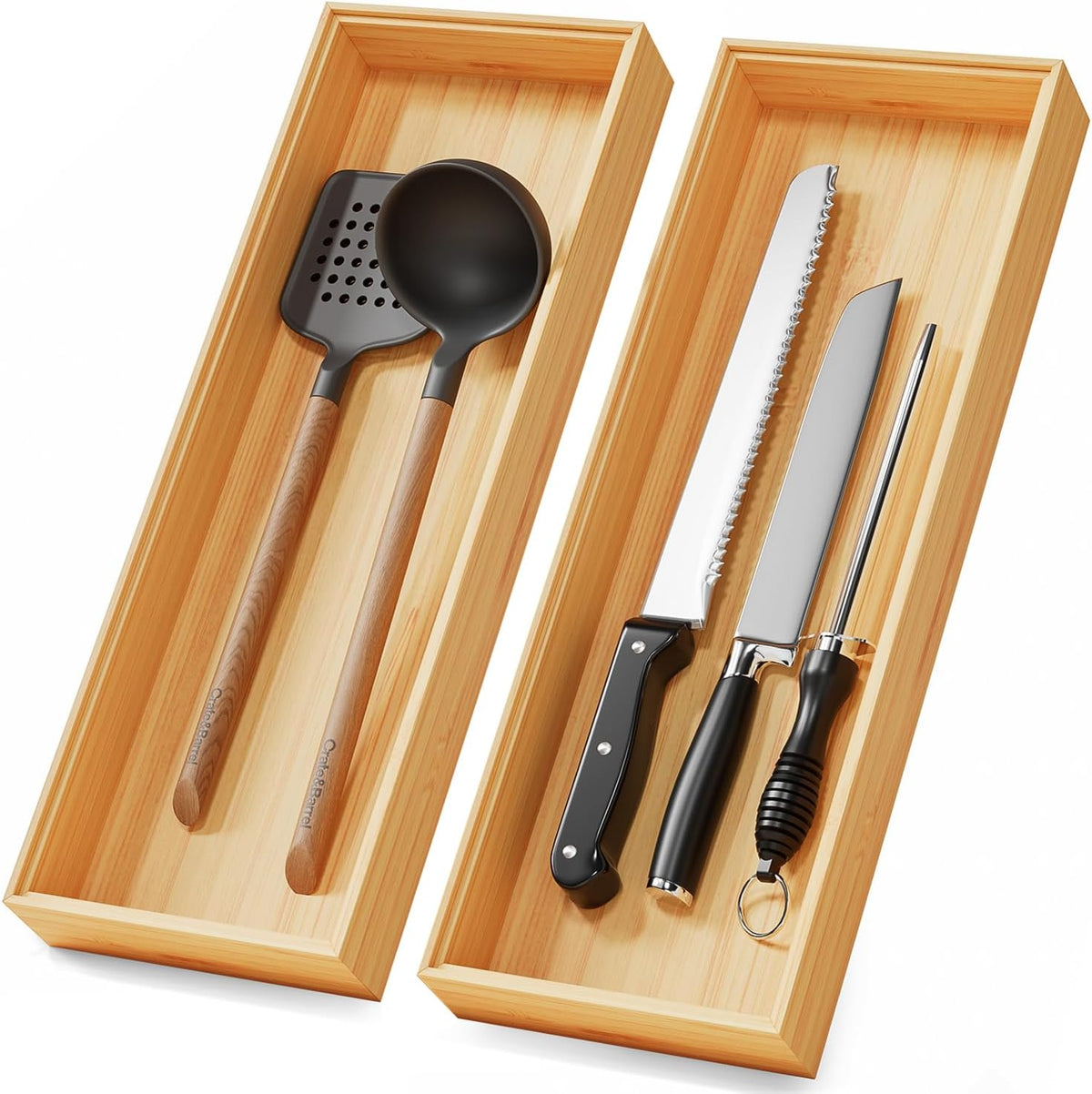 Long Bamboo Kitchen Drawer Organizer Boxes 17" x 6" Wood Pantry Org...