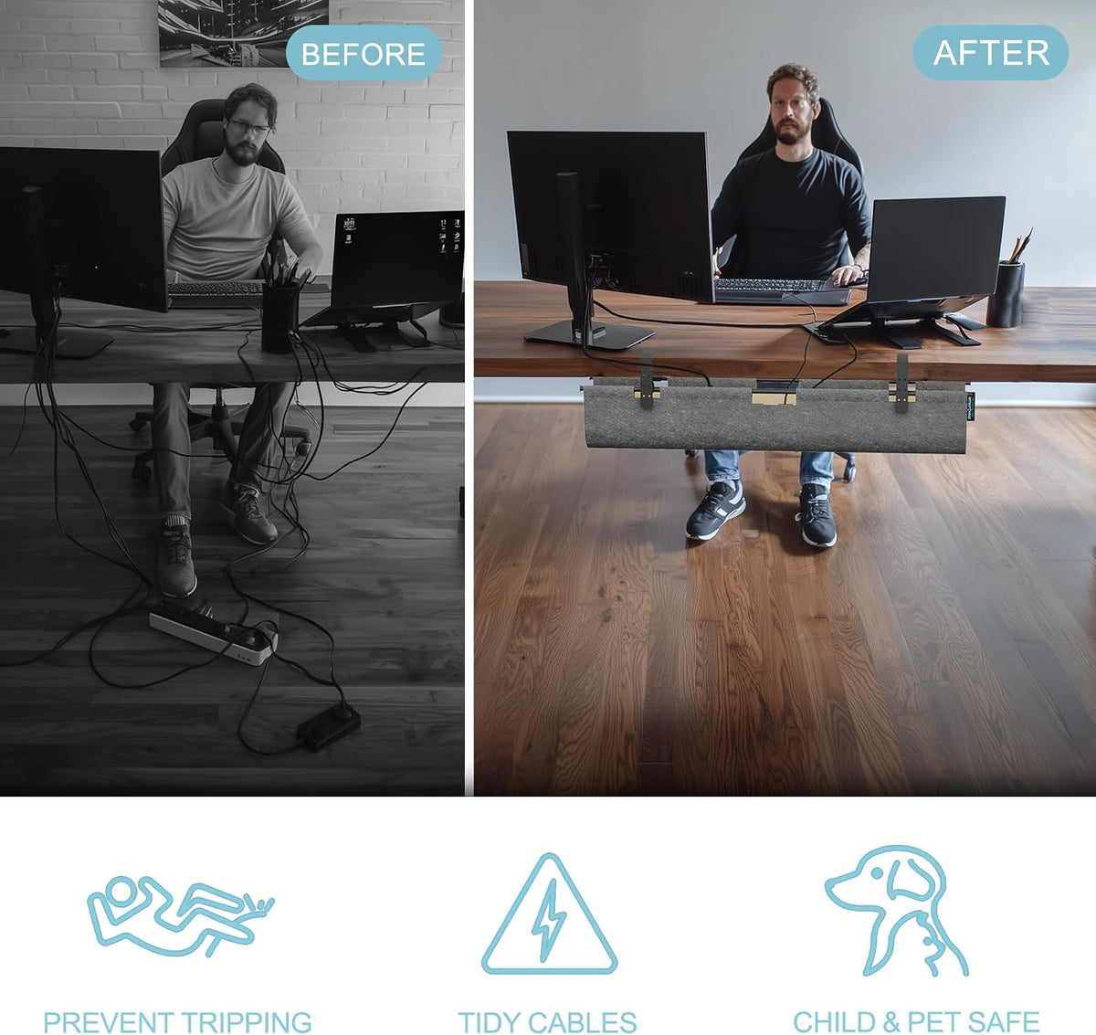Under Desk Cable Management Tray No Drill, 30" Felt Standing Desk Cable ...