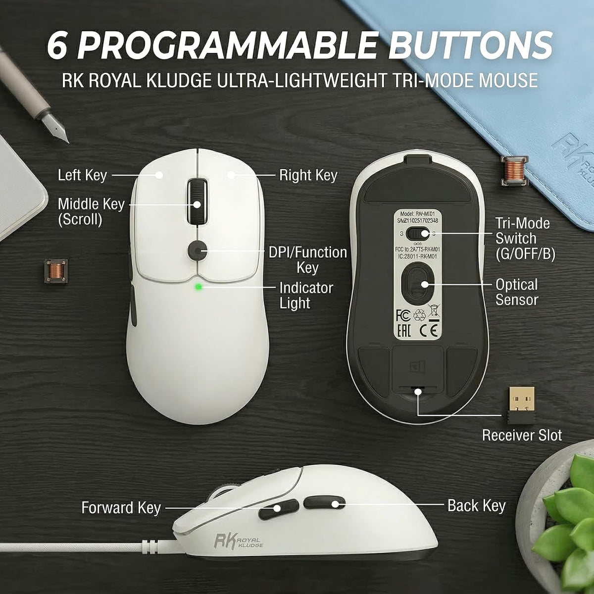 RK ROYAL KLUDGE MO1 Wireless Mouse, 55g Ultra-Lightweight Computer Mice, 6 Pr...