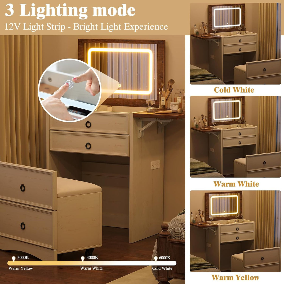LUXOAK 3 in 1 Compact Makeup Vanity Desk with Hidden Chair & Mirror, White