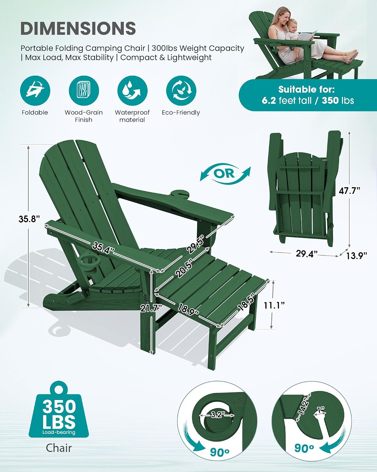 SERWALL 2-Pcs HDPE Folding Adjustable Adirondack Chair with Ottoman, Green