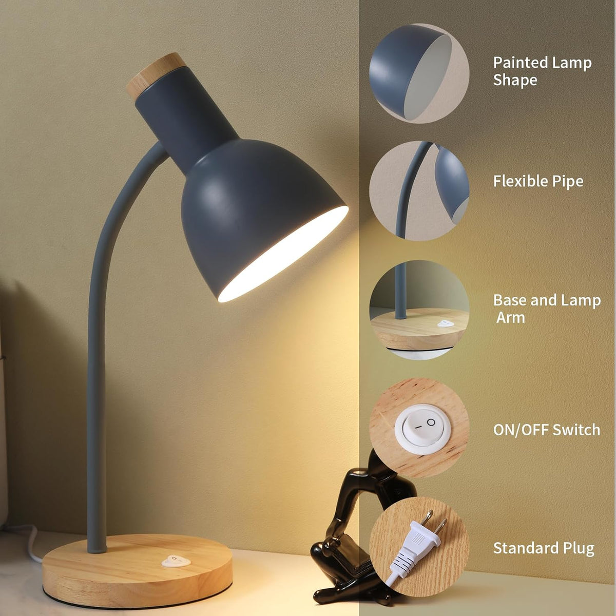 Adjustable Wooden Desk Lamp,Metal Shade Flexible Neck Table Lamp