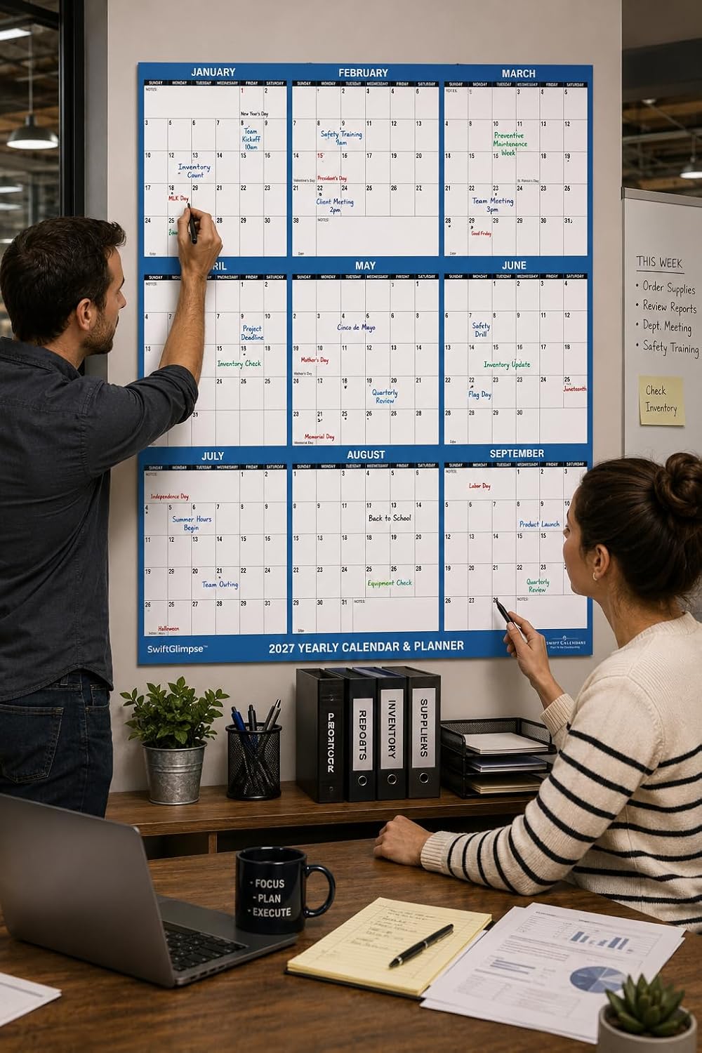 24" x 36" SwiftGlimpse 2027 Wall Calendar Erasable Large Wet & ...