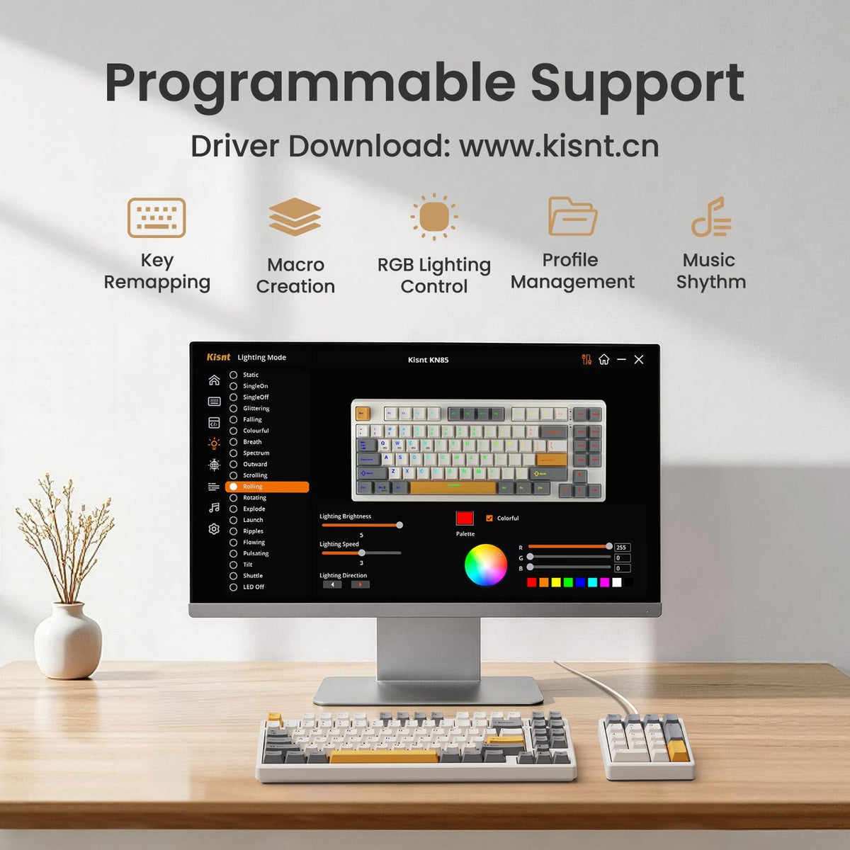 Kisnt KN85 Wireless Mechanical Keyboard, 75% Layout, Bluetooth/2.4GHz/USB-C, ...
