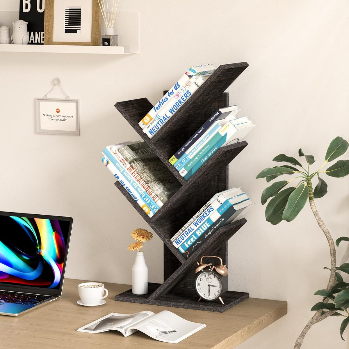 SHEEPAM Small Tree Book Shelf,5 Tier Bookshelf, Wood Desktop Bookcase