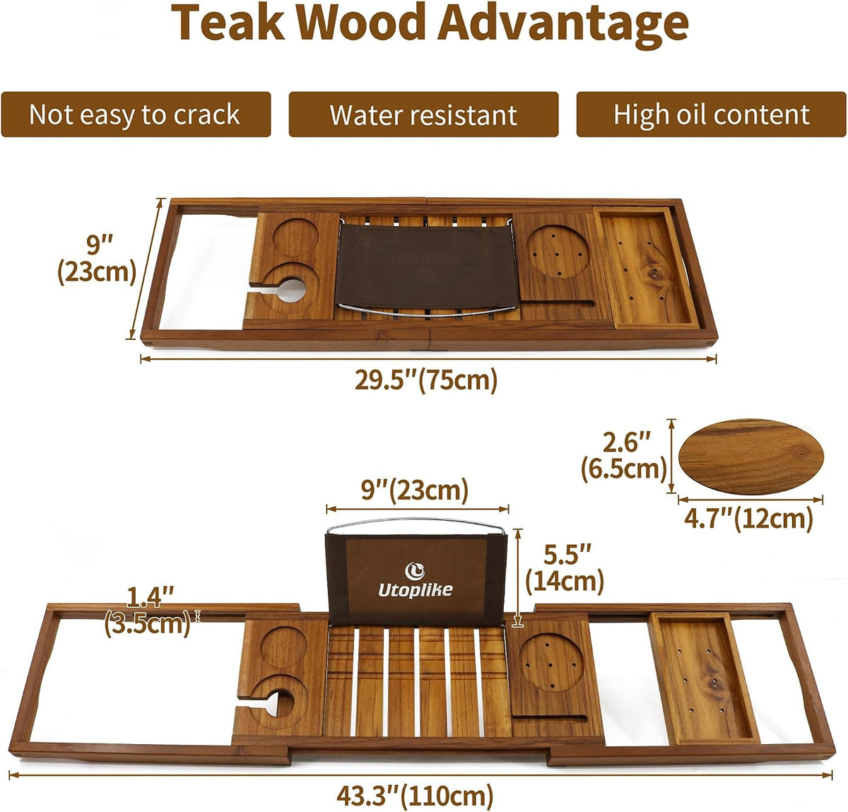 Utoplike Teak Bathtub Caddy, Expandable Bath Table Tray for Tub