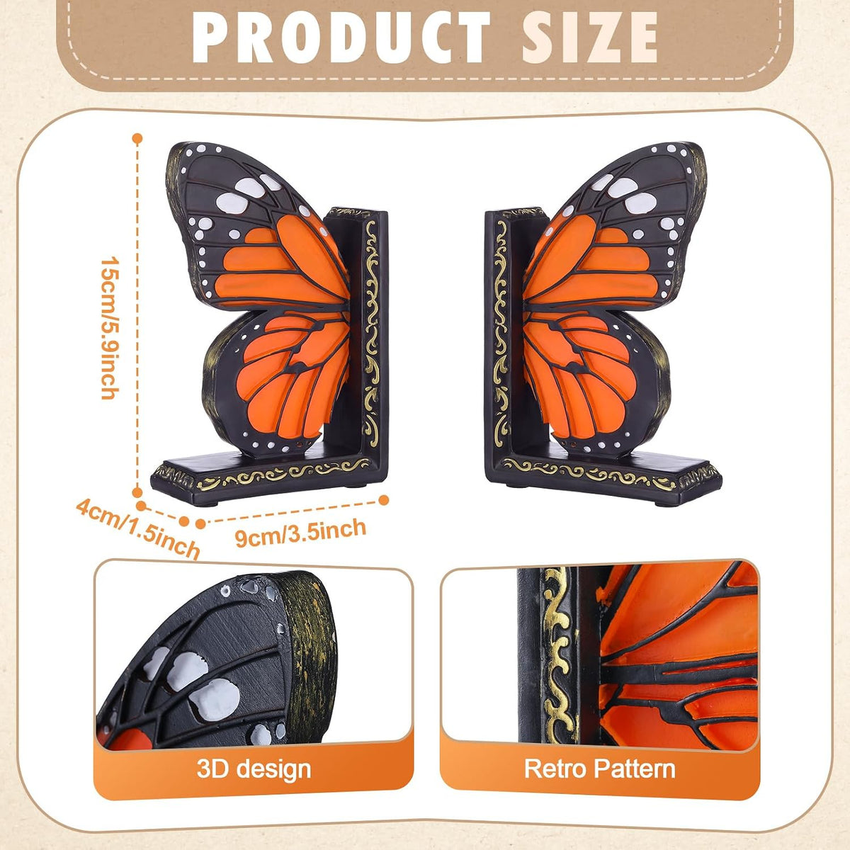 Epakh 2 Pcs Monarch Butterfly Book Ends Decorative Bookends