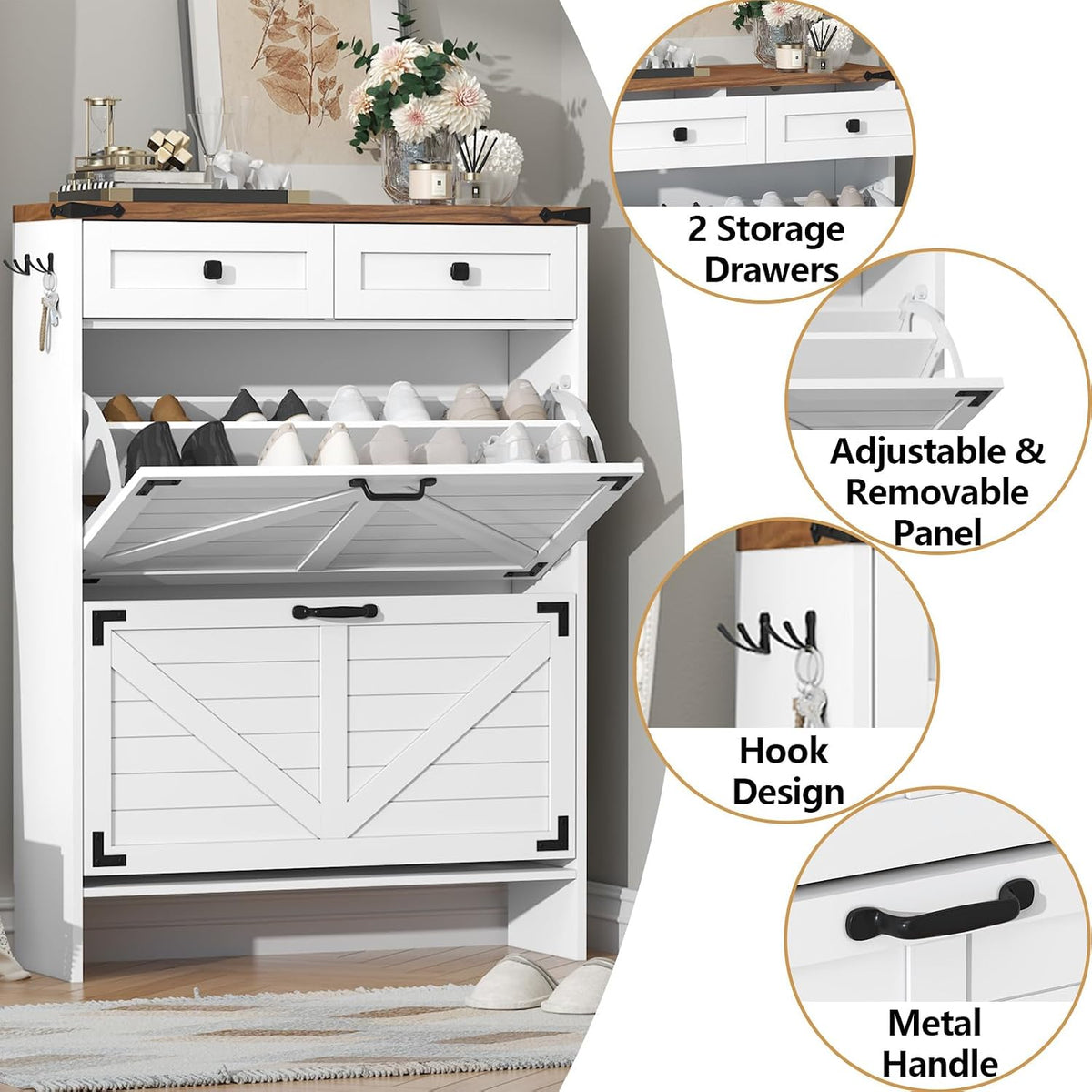 Shoe Cabinet with 2 Flip Drawers, Hidden Shoe Storage Cabinet with 2 Pull-Out...