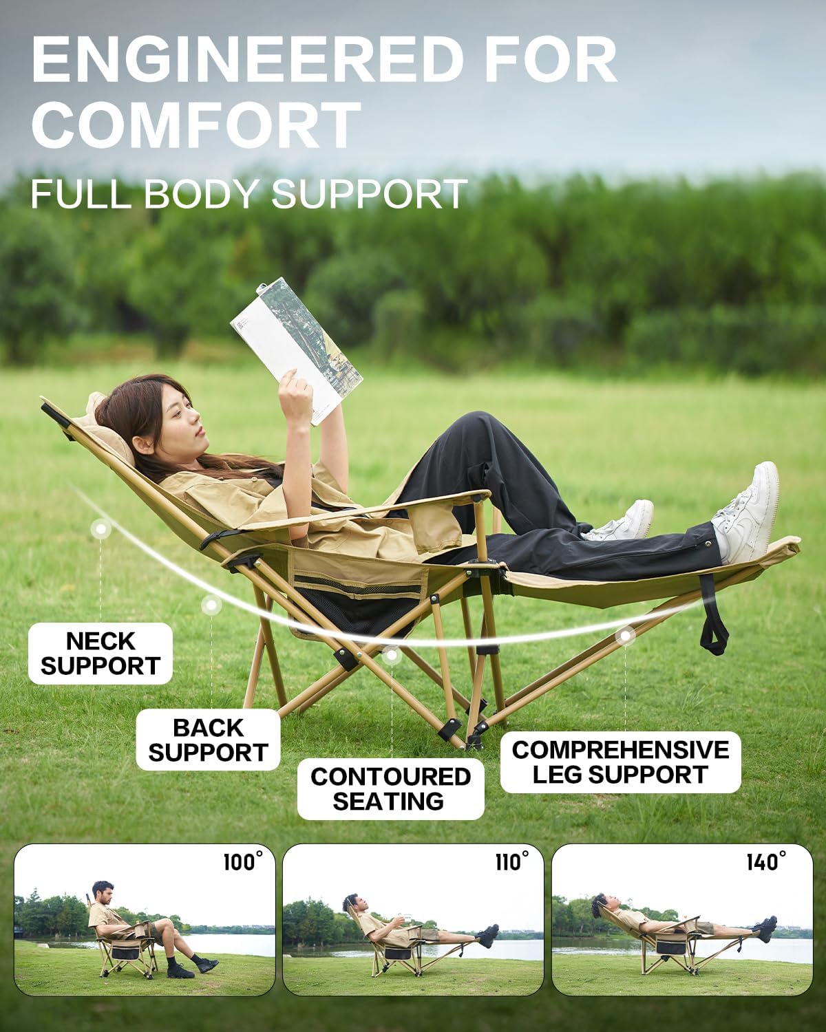MOBI GARDEN Reclining Camping Chair with Foot Rest, Folding Lounge Chair