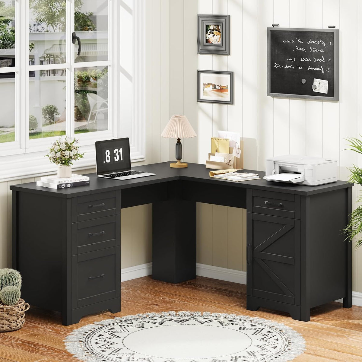 Vabches 59” Farmhouse L Shaped Executive Desk with File Drawer, Black