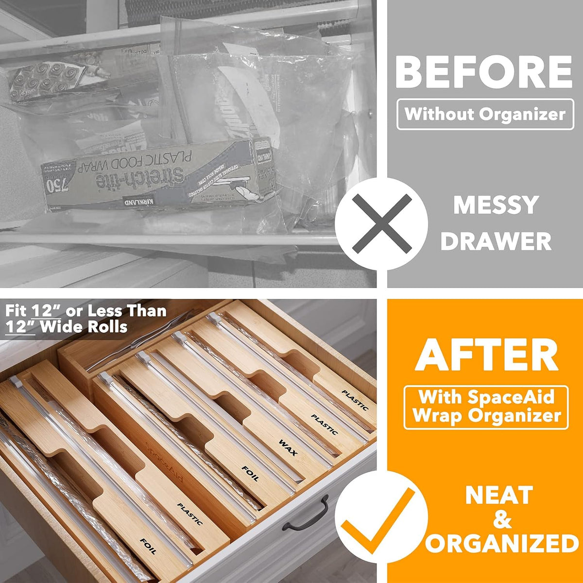 SpaceAid WrapNeat 4 in 1 Wrap Organizer with Cutter and Labels, Plastic Wrap,...