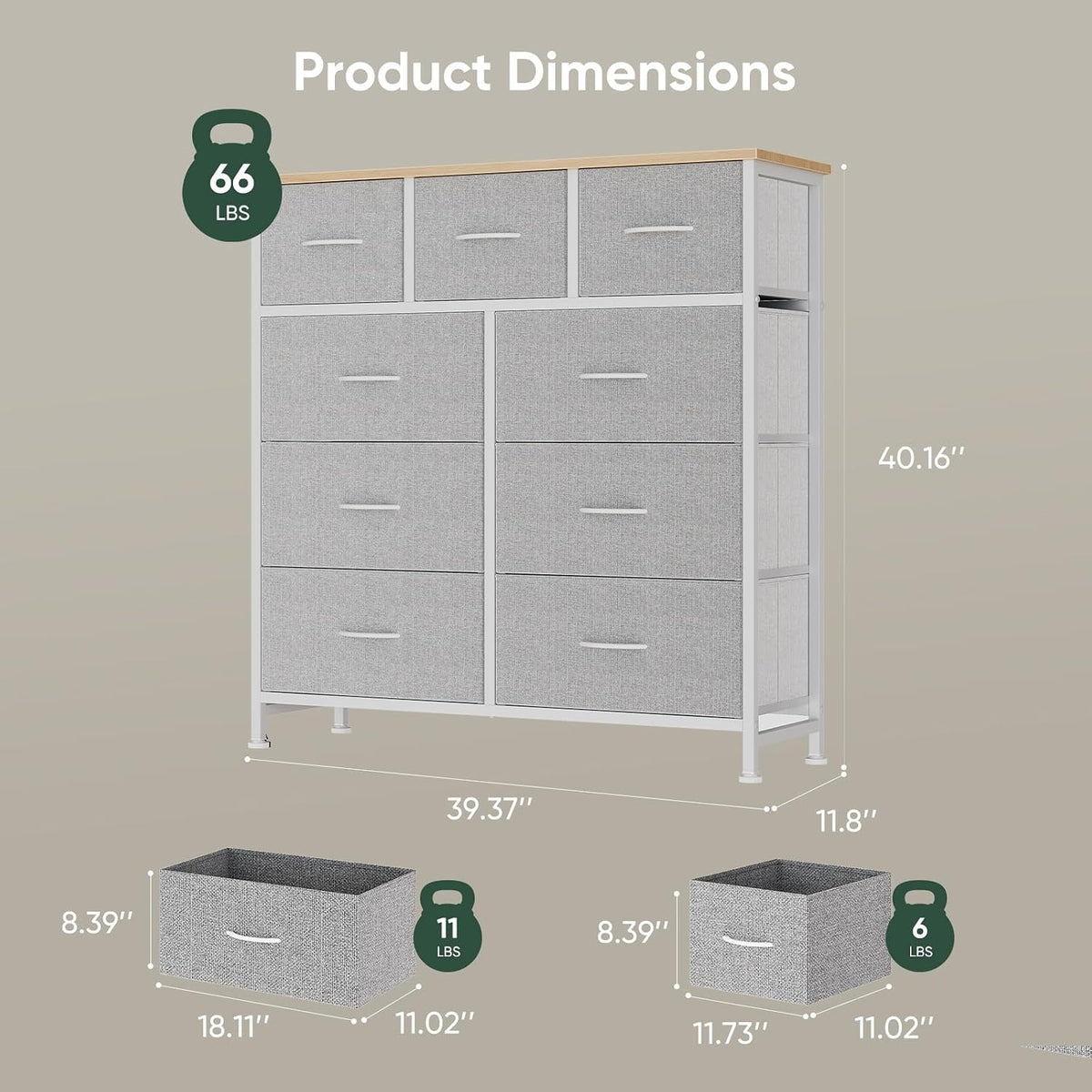 Fabric Dresser for Bedroom with 9 Drawers, Storage Tower