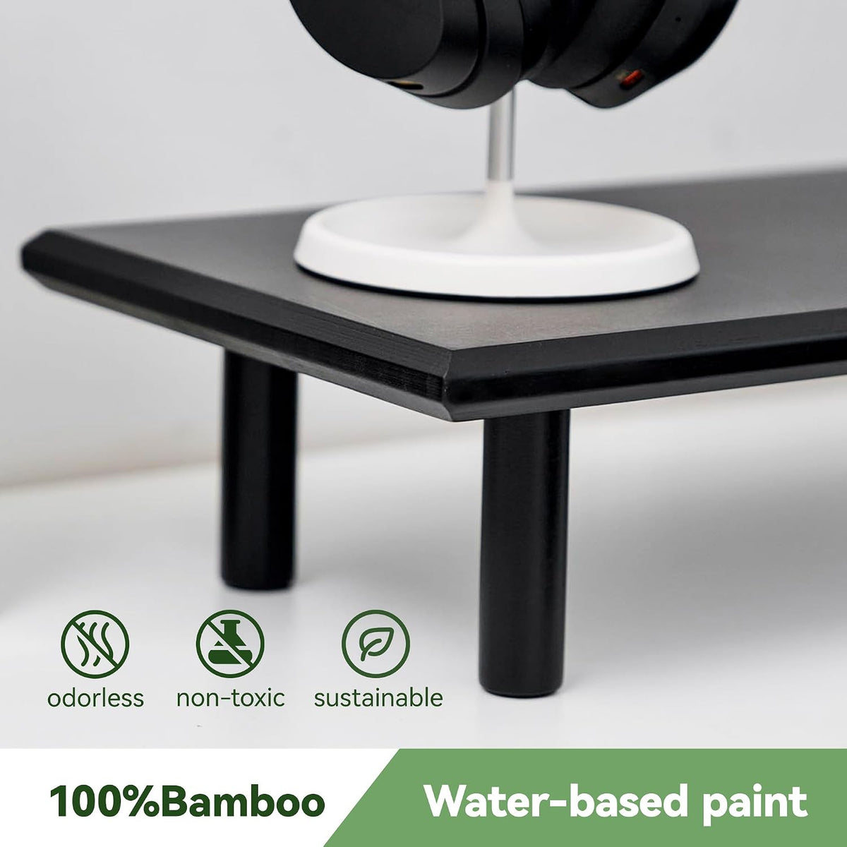 Bamboo Dual Monitor Stand Riser, Black Desk Shelf with Storage