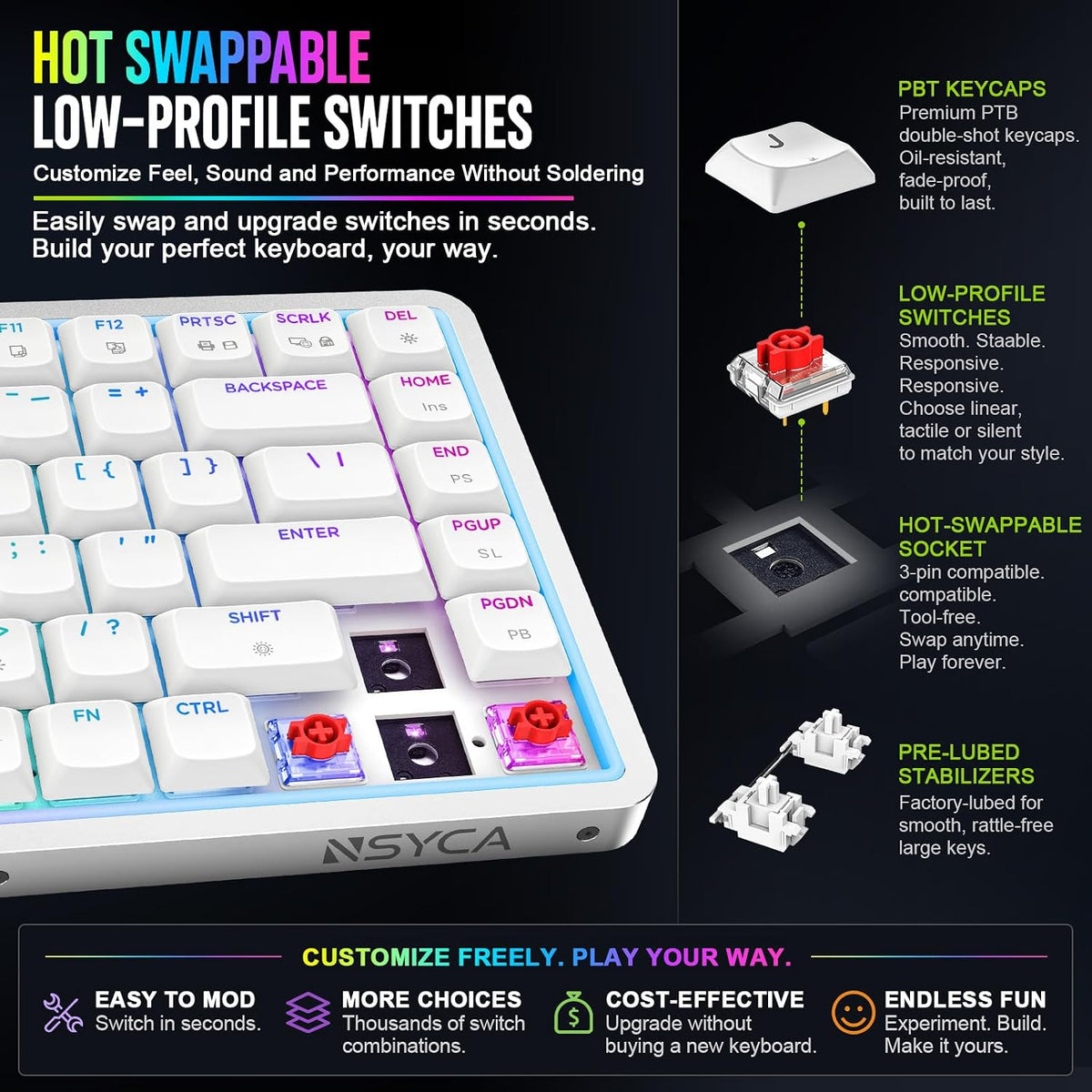 Air75 Low Profile Mechanical Keyboard Wireless, 75% Aluminum Frame, Hot Swapp...