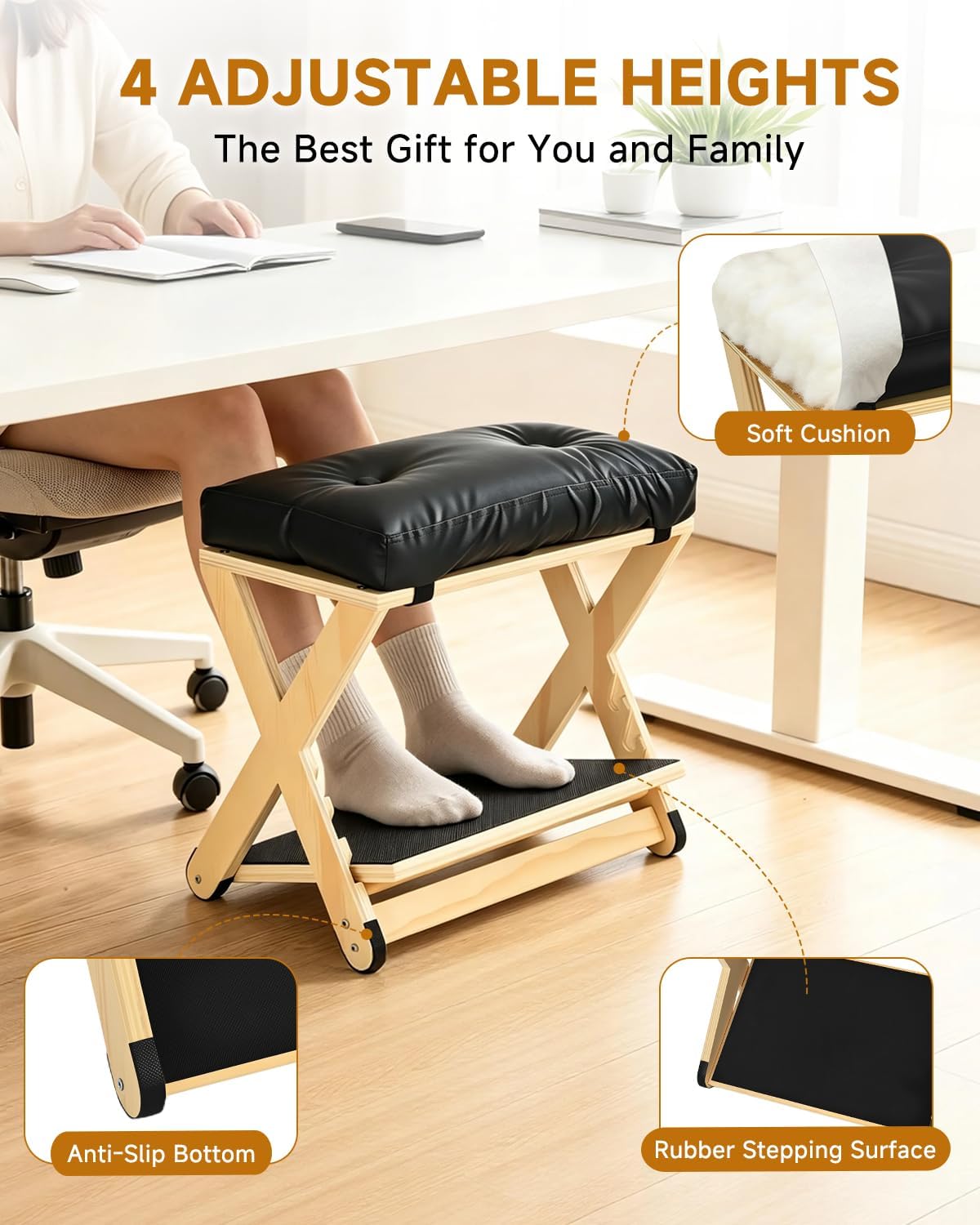 Adjustable Height Foot Rest Under Desk at Work, Solid Wood 4 Step Footrest