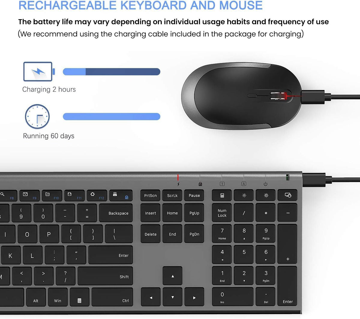 Vssoplor Wireless Keyboard and Mouse, Rechargeable Ultra Slim, Dark Gray