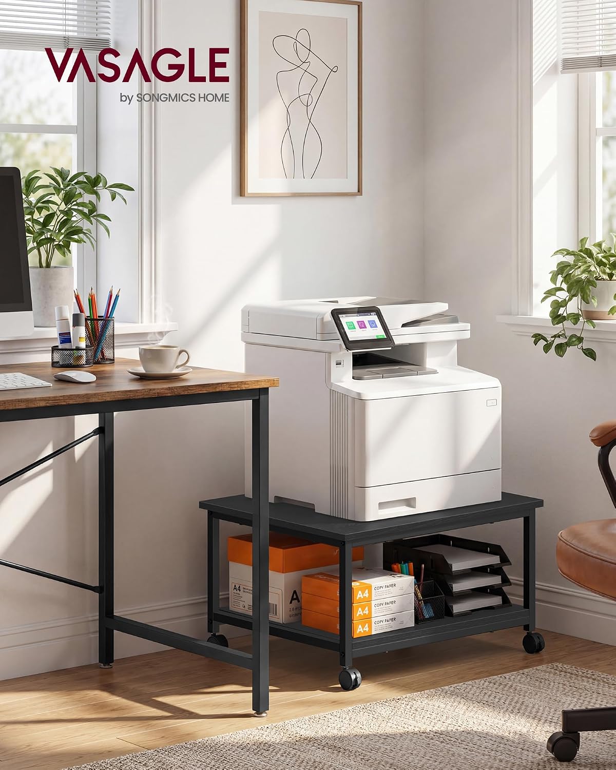 VASAGLE 2-Tier Printer Stand with Locking Wheels, Under Desk Printer Table