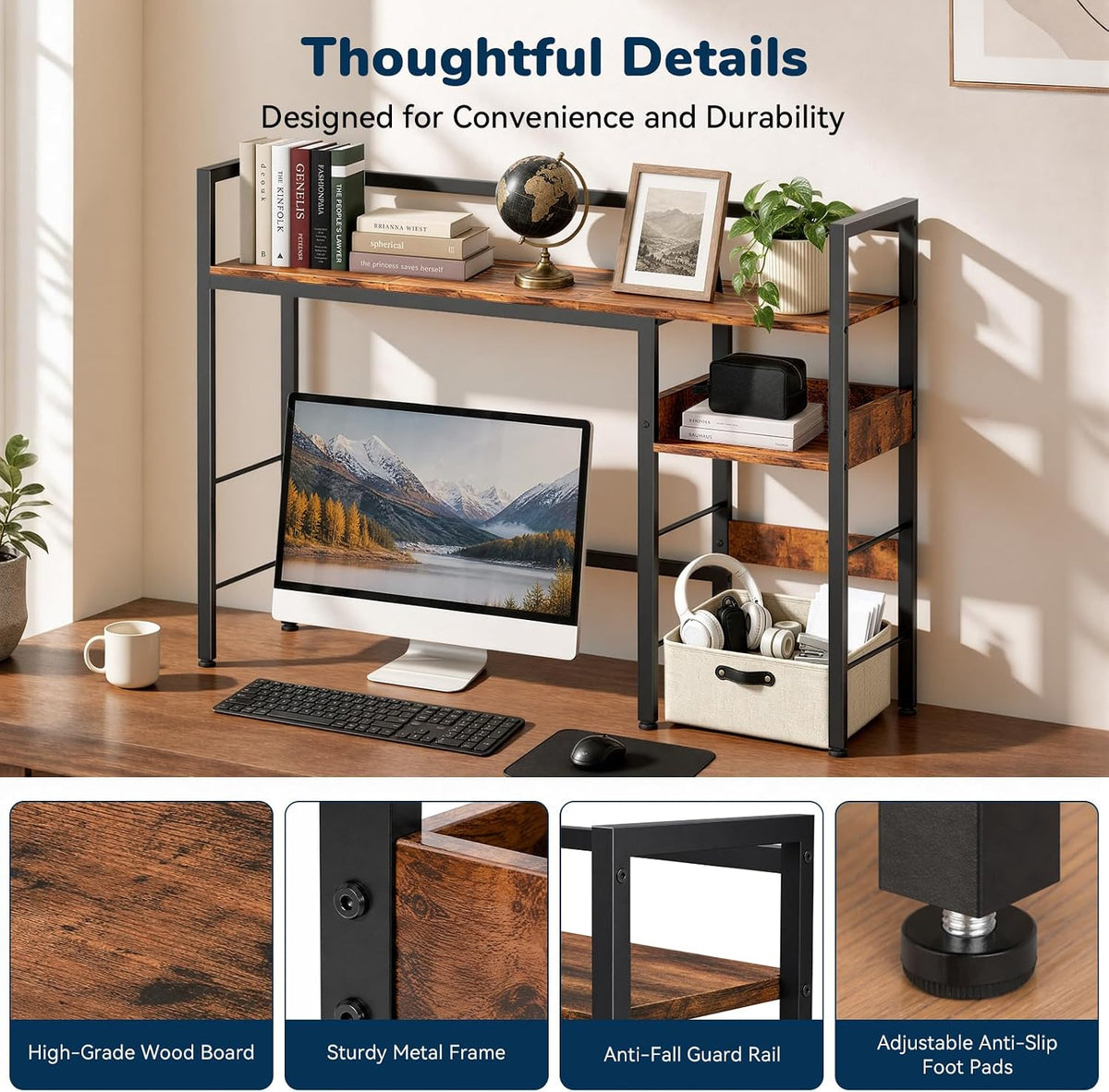 Desk Shelf, 38.6" Desk Hutch for Computer Monitor, Rustic Brown