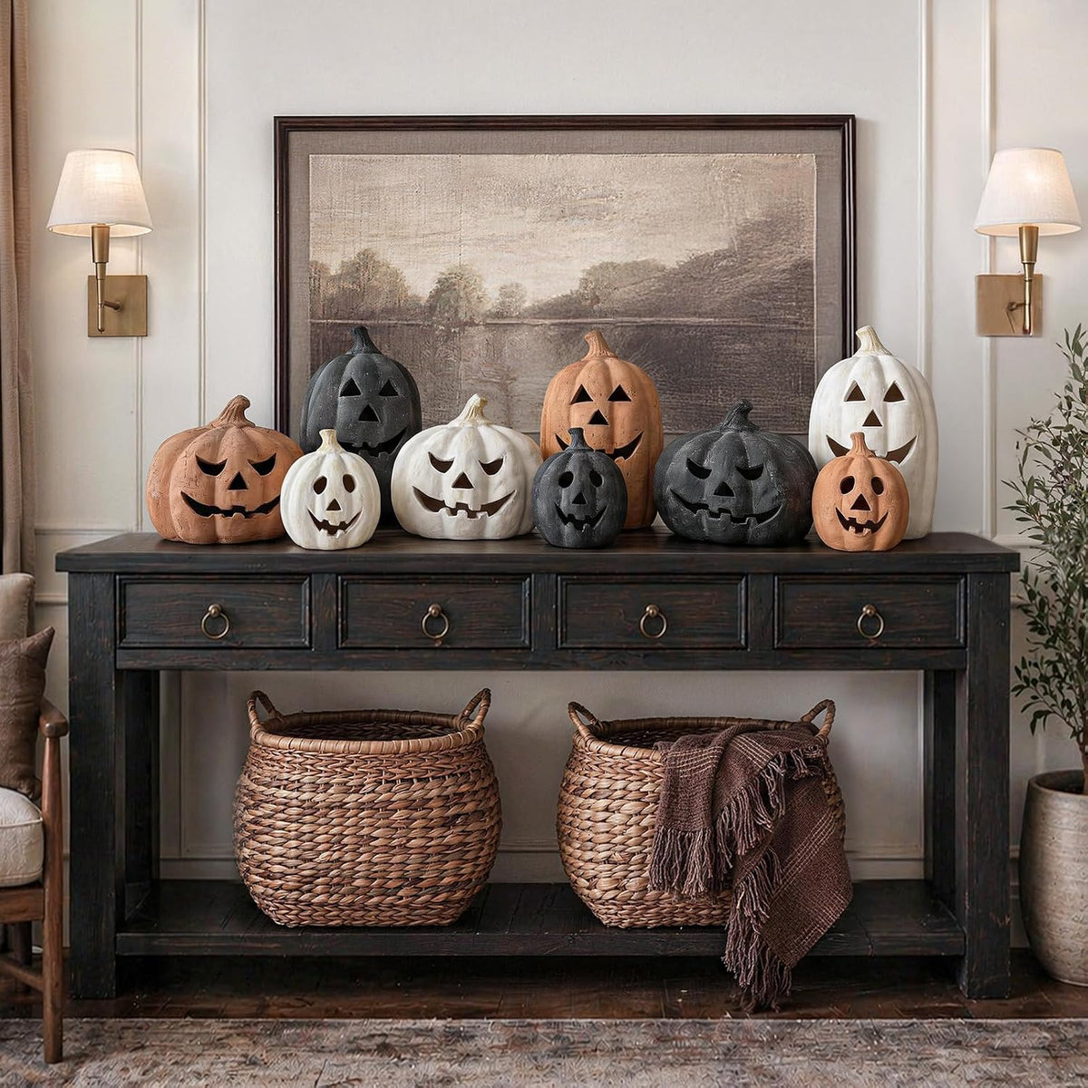Halloween Decorations - Black Handmade Terracotta Jack O Lantern Pumpkin