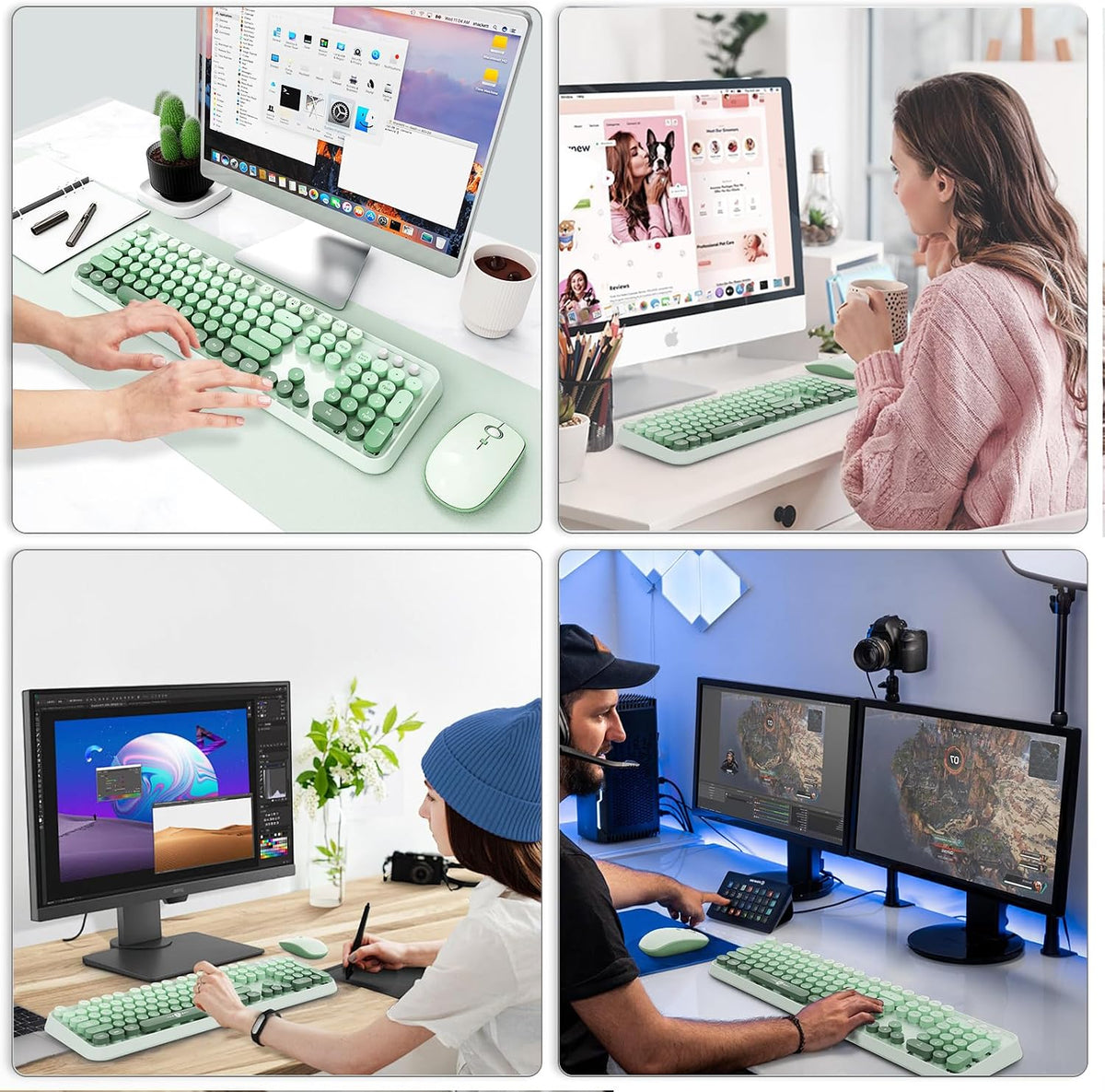 Sage Green Wireless Keyboard and Mouse Combo,Cute Round Keys,for PC Laptop